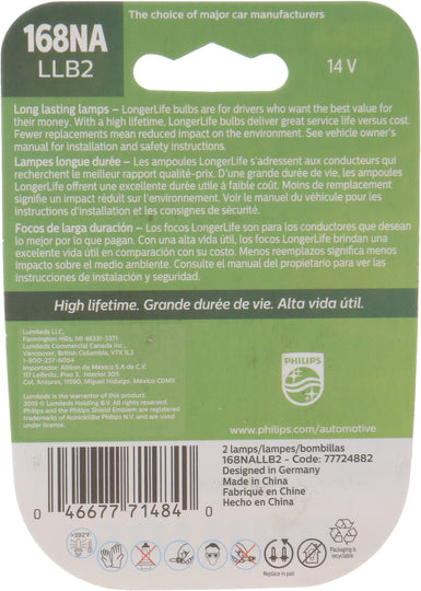 168NALLB2 Philips LongerLife Miniature 168LL - LongerLife - Twin Blister Pack Philips Bulbs