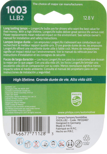 1003LLB2 Philips LongerLife Miniature 1003LL - LongerLife - Twin Blister Pack Philips Bulbs