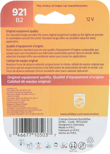 921B2 Philips Standard Miniature 921 - Standard - Twin Blister Pack Philips Bulbs