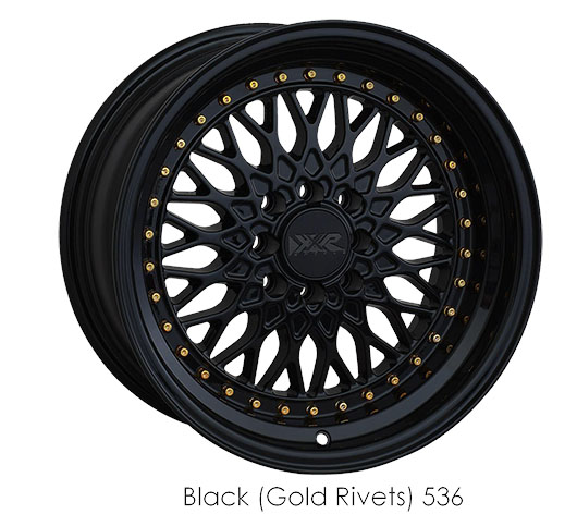 536580820 - XXR 536 15X8 4X114.3 / 4X100 20mm Black / Gold Rivets - XXR Wheels Canada