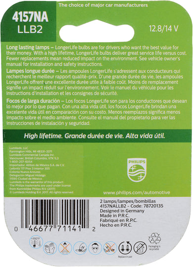 4157NALLB2 Philips LongerLife Miniature 4157NALL - LongerLife - Twin Blister Pack Philips Bulbs