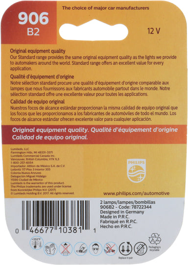 906B2 Philips Standard Miniature 906 - Standard - Twin Blister Pack Philips Bulbs