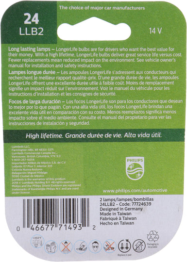 24LLB2 Philips LongerLife Miniature 24LL - LongerLife - Twin Blister Pack Philips Bulbs