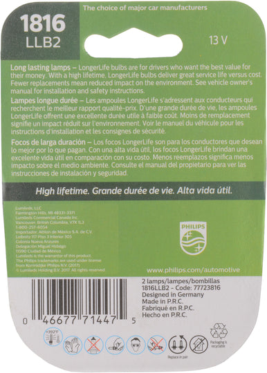 1816LLB2 Philips LongerLife Miniature 1816LL - LongerLife - Twin Blister Pack Philips Bulbs