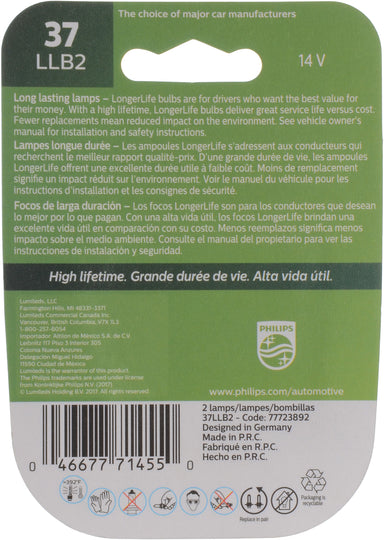 37LLB2 Philips LongerLife Miniature 37LL - LongerLife - Twin Blister Pack Philips Bulbs
