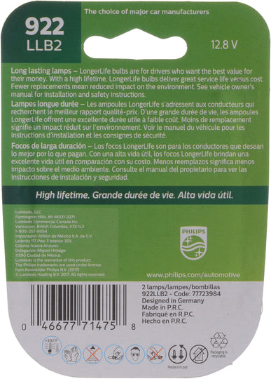 922LLB2 Philips LongerLife Miniature 922LL - LongerLife - Twin Blister Pack Philips Bulbs