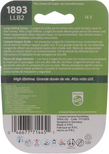 1893LLB2 Philips LongerLife Miniature 1893LL - LongerLife - Twin Blister Pack Philips Bulbs