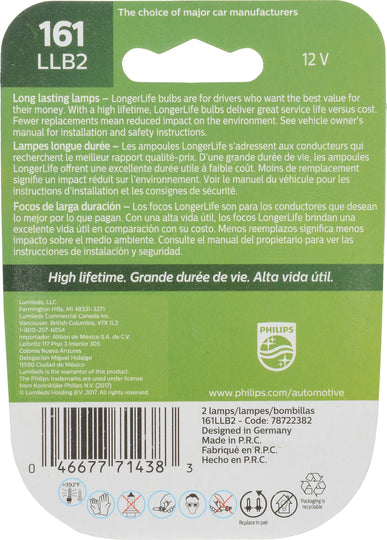 161LLB2 Philips LongerLife Miniature 161LL - LongerLife - Twin Blister Pack Philips Bulbs