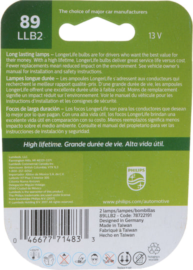89LLB2 Philips LongerLife Miniature 89LL - LongerLife - Twin Blister Pack Philips Bulbs