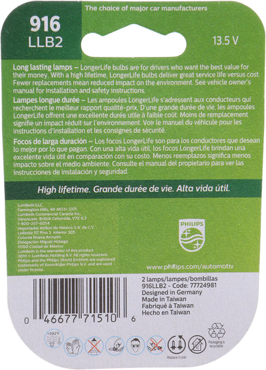 916LLB2 Philips LongerLife Miniature 916LL - LongerLife - Twin Blister Pack Philips Bulbs