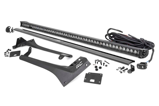 70066 Jeep 50-inch Straight LED Light Bar Upper Windshield Kit w/ Single-Row Black Series LED - White DRL (20-22 Gladiator JT, 18-22 Wrangler JL) Rough Country Canada