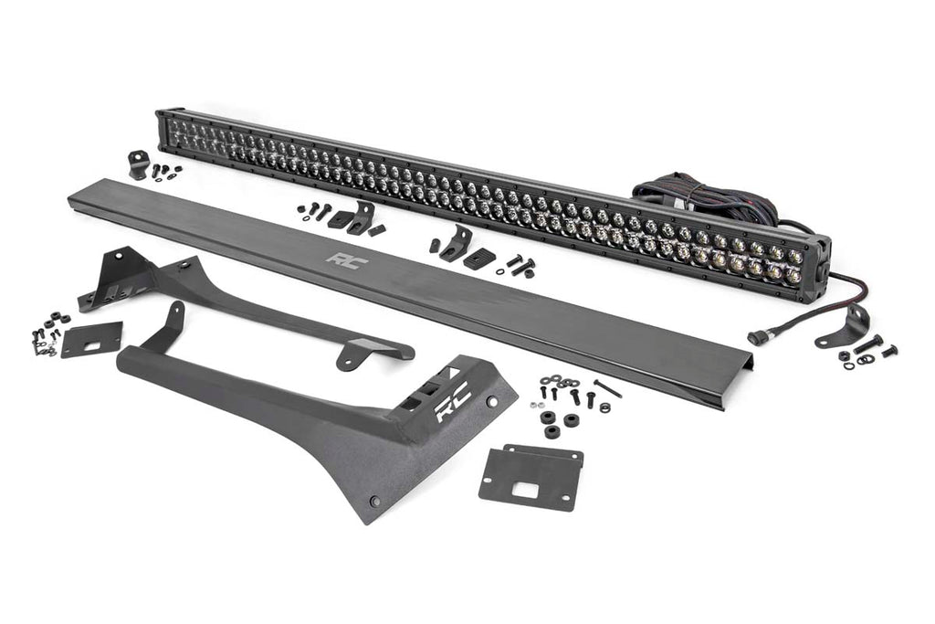 70067 Jeep 50-inch Straight LED Light Bar Upper Windshield Kit w/ Dual-Row Black Series LED - White DRL (20-22 Gladiator JT, 18-22 Wrangler JL) Rough Country Canada