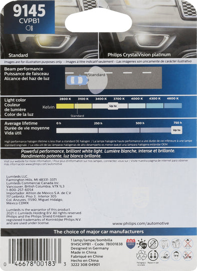 9145CVPB1 Philips CrystalVision platinum Headlight 9145 - CrystalVision Platinum - Single Blister Pack Philips Bulbs
