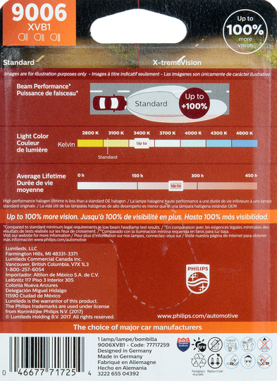 9006XVB1 Philips X-tremeVision Headlight 9006 - X-tremeVision - Single Blister Pack Philips Bulbs