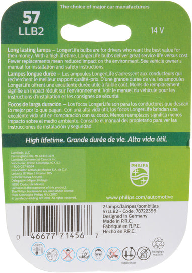 57LLB2 Philips LongerLife Miniature 57LL - LongerLife - Twin Blister Pack Philips Bulbs