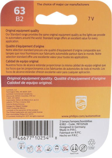 63B2 Philips Standard Miniature 63 - Standard - Twin Blister Pack Philips Bulbs