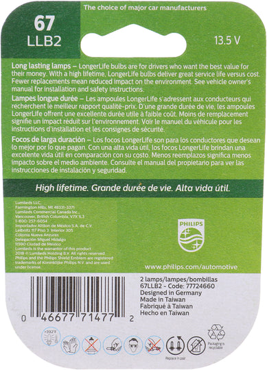 67LLB2 Philips LongerLife Miniature 67LL - LongerLife - Twin Blister Pack Philips Bulbs