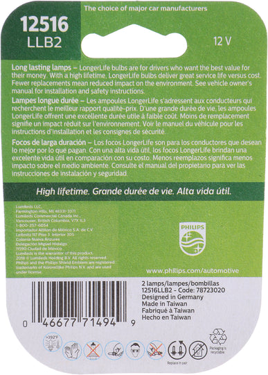 12516LLB2 Philips LongerLife Miniature 12516LL - LongerLife - Twin Blister Pack Philips Bulbs