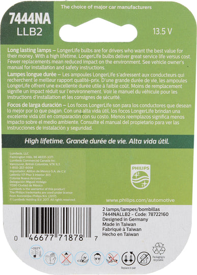 7444NALLB2 Philips LongerLife Miniature 7444NALL - LongerLife - Twin Blister Pack Philips Bulbs