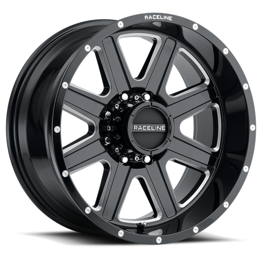 940M-22251-44 - Raceline 940M Hostage 22X12 5X150 -44mm Gloss Black & Milled - Raceline Wheels Canada
