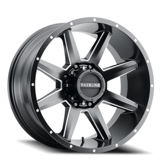 954M-21065-19 - Raceline Stryker 954M 20X10 6X135 -19mm Milled-Dimples Satin Black - Raceline Wheels Canada