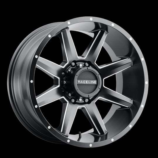 954M-221265-44 - Raceline Stryker 954M 22X12 6X135 -44mm Milled-Dimples Satin Black - Raceline Wheels Canada