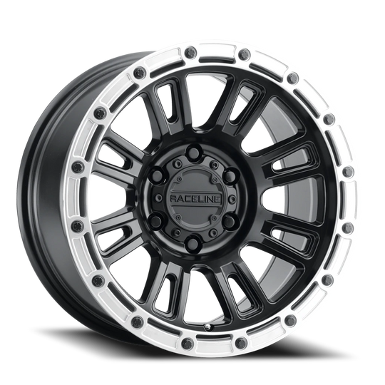 956BS-79080-12 - Raceline Compass 956BS 17X9 8X165.1 -12mm Satin Black Silver Ring - Raceline Wheels Canada