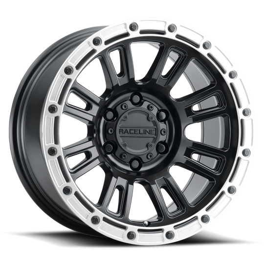 956BS-78023+30 - Raceline 956BS COMPASS 17X8 5X108 30mm Satin Black W Silver Ring - Raceline Wheels Canada