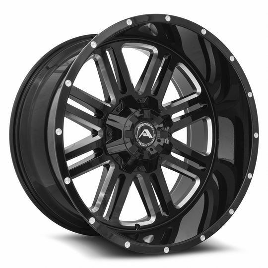 A10622A263539-44BMI - American Off-Road A106 22X12 6X135 / 6X139.7 -44mm Black Milled Spoke - American Off-Road Wheels Canada
