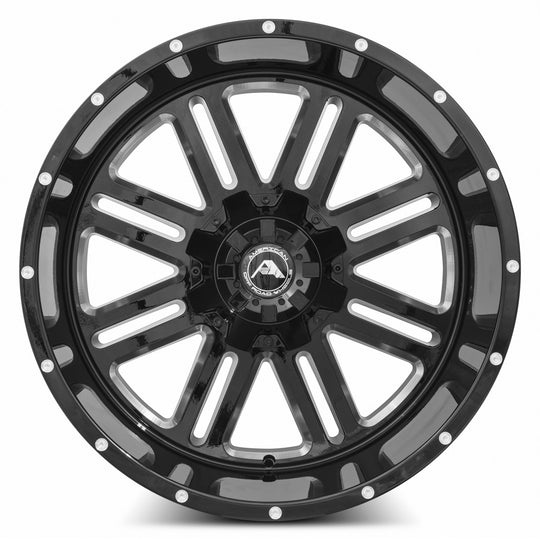 A10622A263539-44BMI - American Off-Road A106 22X12 6X135 / 6X139.7 -44mm Black Milled Spoke - American Off-Road Wheels Canada