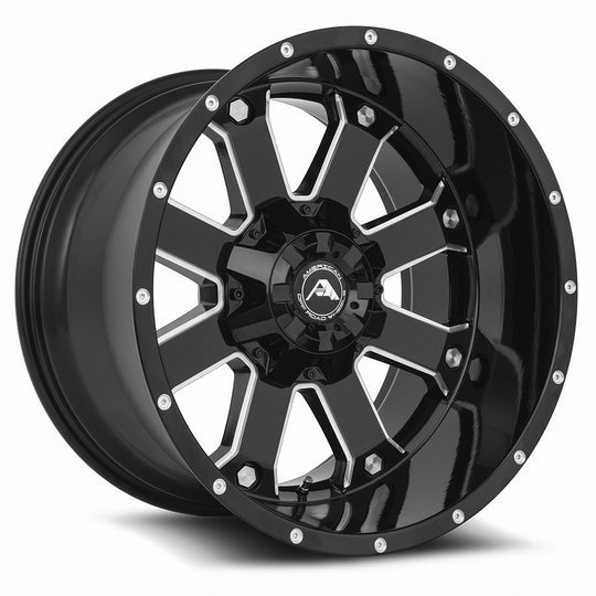 A10820A2xxx-44BMI-539 - American Off-Road A108 20X12 5X139.7 -44MM Black Milled Spoke - American Off-Road Wheels Canada
