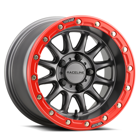 A14GR-51012+25 - Raceline A14GR Alpha 15X7 5X114.3 25mm Satin Gunmetal w/ Red Ring - Raceline Wheels Canada