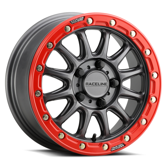A14GR-57056+10 - Raceline A14GR Alpha 15X7 4X156 10mm Gunmetal with Red Ring - Raceline Wheels Canada