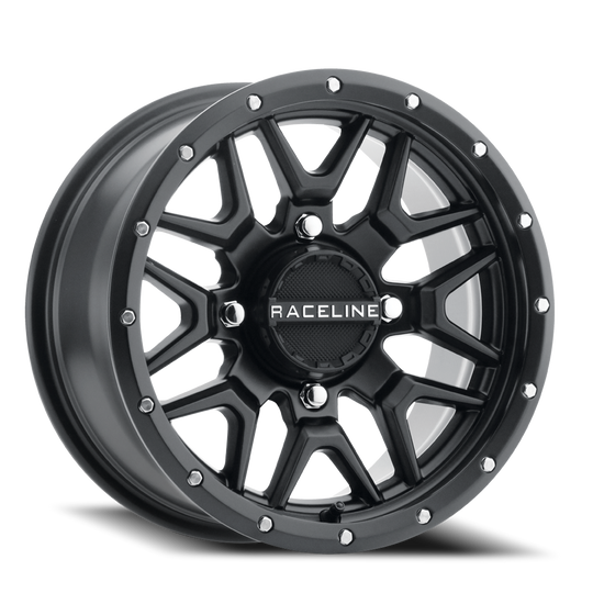 A94B-47037+38 - Raceline Krank Simulated Beadlock UTV A94B 14X7 4X137 38mm Satin Black - Raceline Wheels Canada