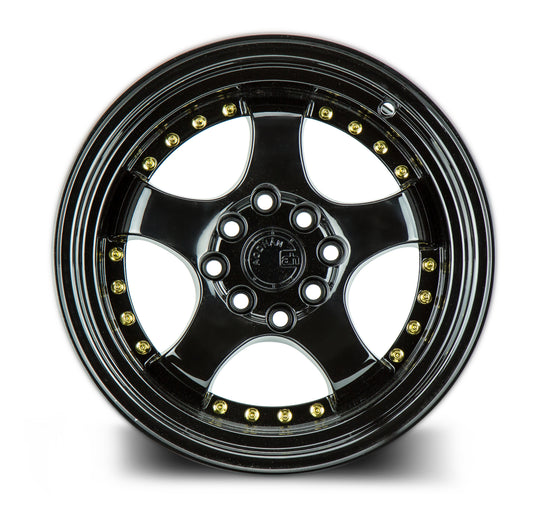 AH0315804100114320FB - Aodhan AH03 15X8 4X114.3 / 4X100 ET 20mm Gloss Black with Gold Rivets - Aodhan Wheels Canada