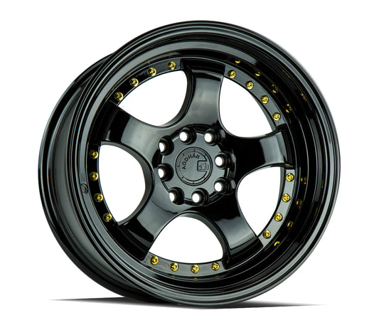 AH0315804100114320FB - Aodhan AH03 15X8 4X114.3 / 4X100 ET 20mm Gloss Black with Gold Rivets - Aodhan Wheels Canada