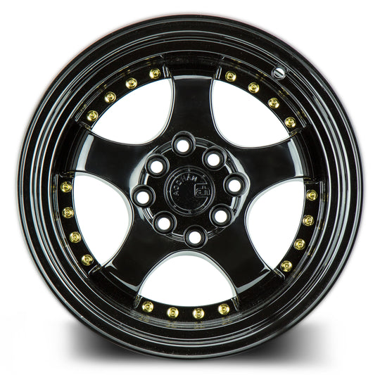 AH0316804100114315FB - Aodhan AH03 16X8 4X100 / 4X114.3 ET 15mm Gloss Black with Gold Rivets - Aodhan Wheels Canada