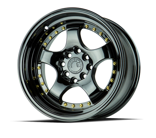 AH0316804100114315FB - Aodhan AH03 16X8 4X100 / 4X114.3 ET 15mm Gloss Black with Gold Rivets - Aodhan Wheels Canada