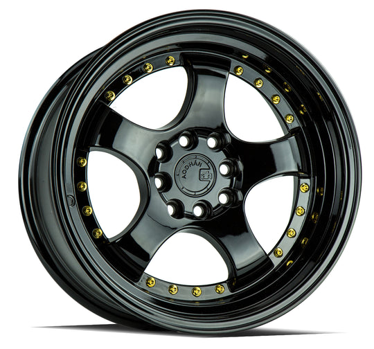 AH0316804100114315FB - Aodhan AH03 16X8 4X100 / 4X114.3 ET 15mm Gloss Black with Gold Rivets - Aodhan Wheels Canada