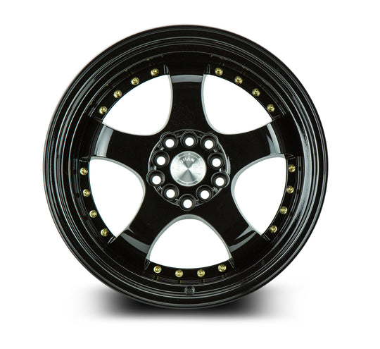 AH0317905100114325FB - Aodhan AH03 17X9 5X100 / 5X114.3 ET 25mm Gloss Black with Gold Rivets - Aodhan Wheels Canada