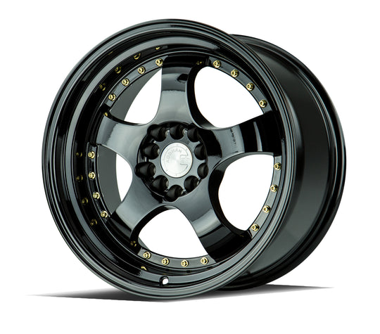 AH0317905100114325FB - Aodhan AH03 17X9 5X100 / 5X114.3 ET 25mm Gloss Black with Gold Rivets - Aodhan Wheels Canada
