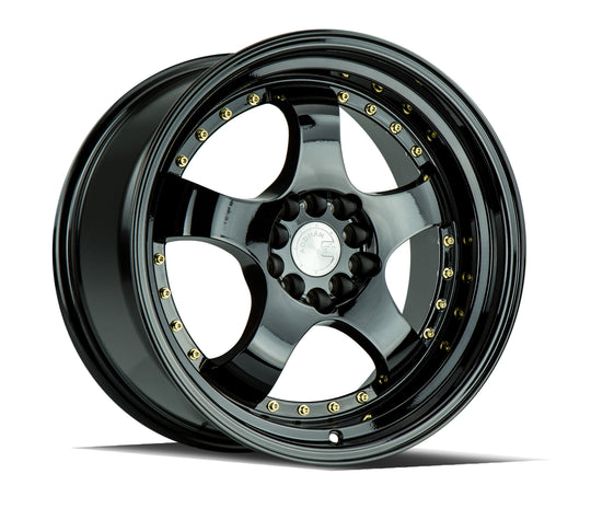 AH0317905100114325FB - Aodhan AH03 17X9 5X100 / 5X114.3 ET 25mm Gloss Black with Gold Rivets - Aodhan Wheels Canada