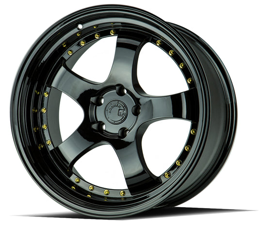 AH0319115114315FB - Aodhan AH03 19X11 5X114.3 ET 15mm Gloss Black with Gold Rivets - Aodhan Wheels Canada