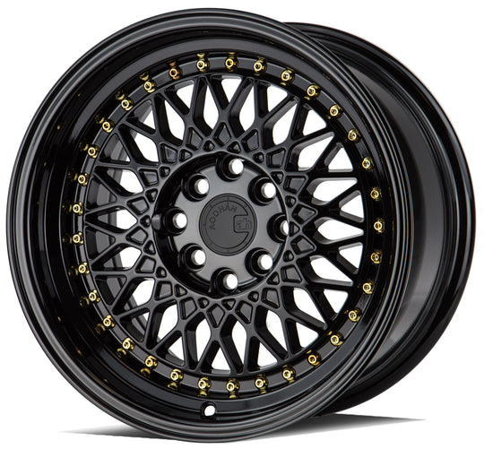 AH0516804100114315FB - Aodhan AH05 16X8 4X114.3 / 4X100 ET 15mm Gloss Black with Gold Rivets - Aodhan Wheels Canada