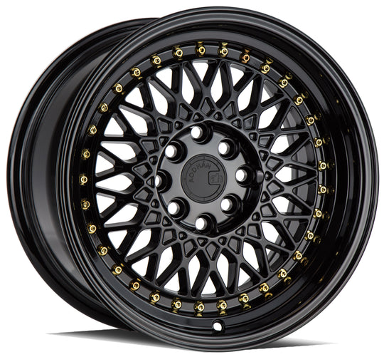 AH0516804100114315FB - Aodhan AH05 16X8 4X114.3 / 4X100 ET 15mm Gloss Black with Gold Rivets - Aodhan Wheels Canada