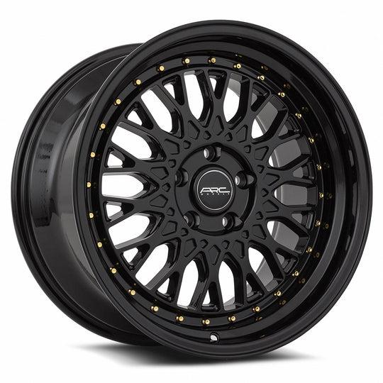 AR01189551435BK-512 - ARC AR1 18X9.5 5X112 35MM All Black Gold Rivet - ARC Wheels Canada