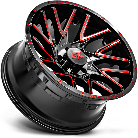 GT32010246139GBMLR - GT Offroad Aggression 20X10 6X139.7 ET -18mm Gloss Black Milled Red - GT Offroad Wheels Canada