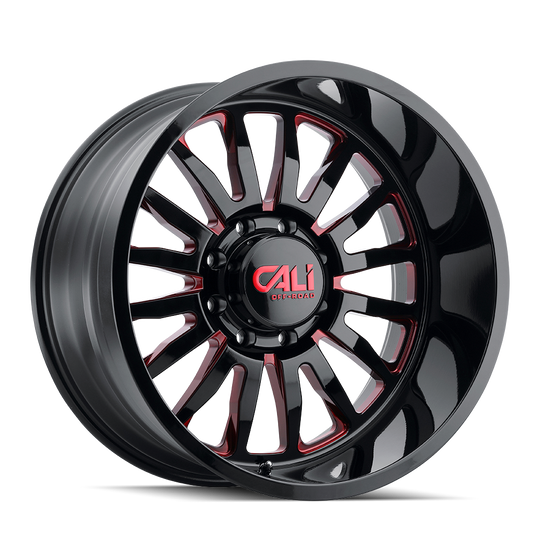 9110-2183BTR - Cali Off-Road Summit 20X10 6X139.7 -25mm Gloss Black With Red Milled Spokes - Cali Off-Road Wheels Canada