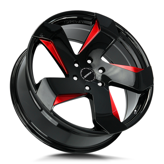 S65051435GBMLRE - Strada S65 Coltello 20X8.5 5x114.3 35mm Gloss Black Candy Red Milled E - Strada Wheels Canada