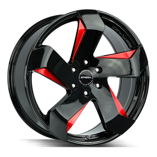 S65251515GBMLR - Strada S65 Coltello 22X9 5x115 15mm Gloss Black Candy Red Milled - Strada Wheels Canada